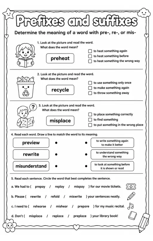 Determine the meaning of a word with pre-, re-, or mis-