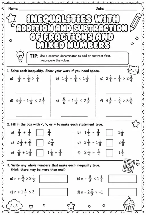 Inequalities with addition and subtraction of fractions and mixed numbers