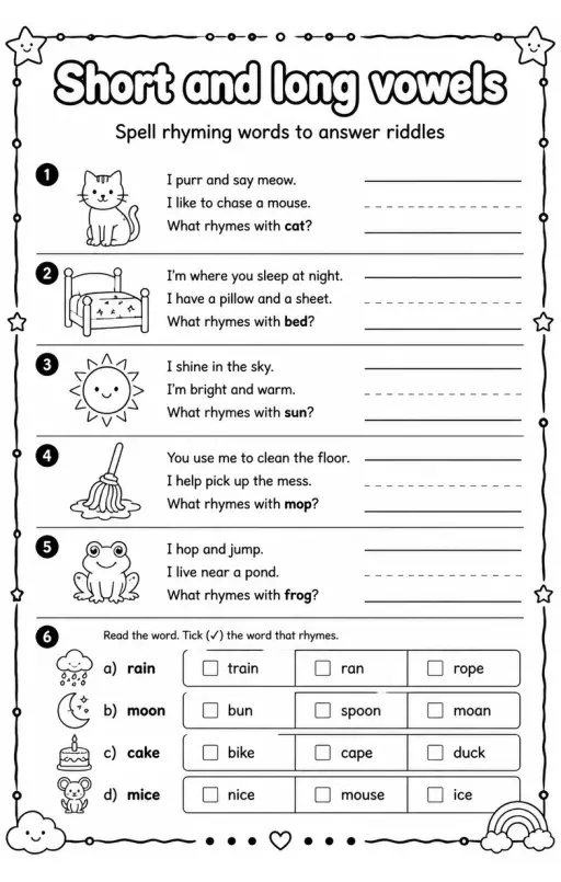 Spell rhyming words to answer riddles