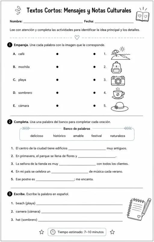 Leer mensajes cortos, descripciones y notas culturales para identificar la idea principal y detalles.