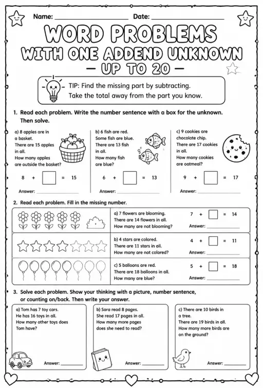 Word problems with one addend unknown - up to 20