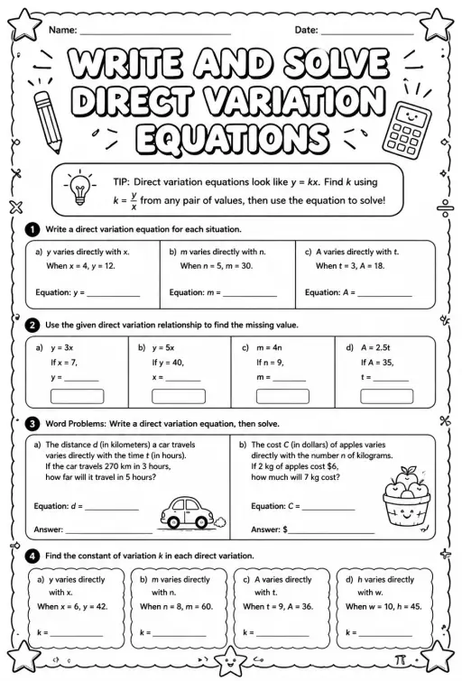 Write and solve direct variation equations