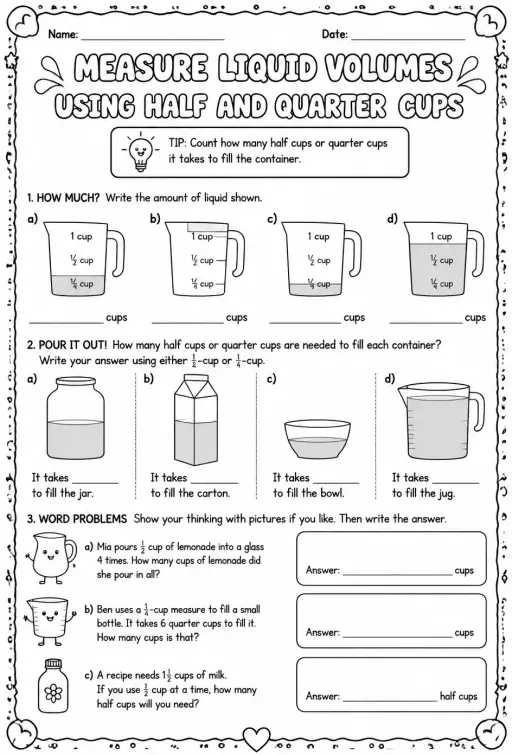Measure liquid volumes using half and quarter cups