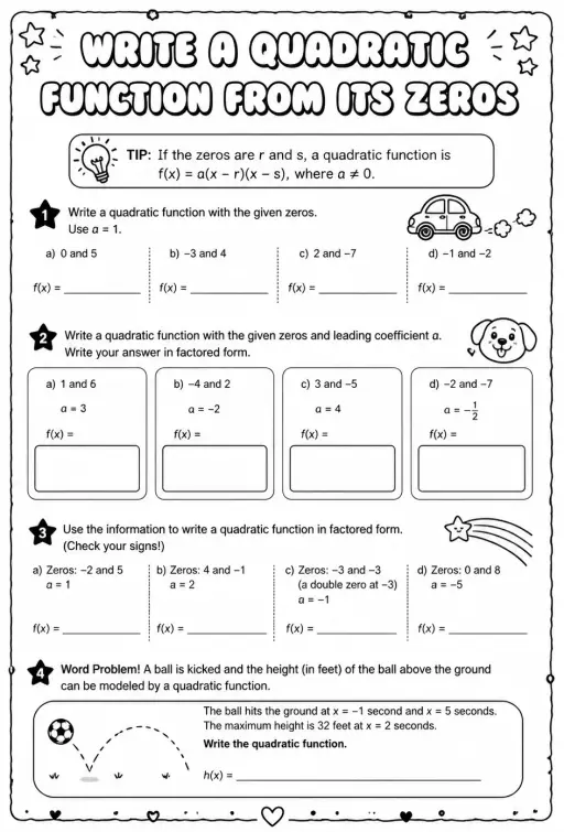 Write a quadratic function from its zeros
