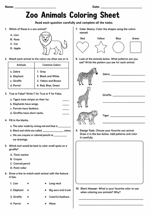 Free Printable Grade 2 Art Zoo Animals Coloring Sheet