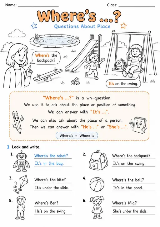 Where's It? In On Under | Grade 1 Grammar Worksheet