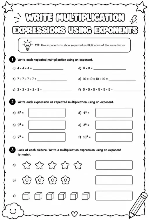 Write multiplication expressions using exponents