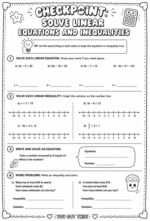 Checkpoint: Solve linear equations and inequalities