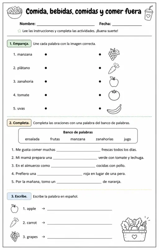 Reconocer palabras, frases o oraciones en español relacionadas con frutas y verduras.
