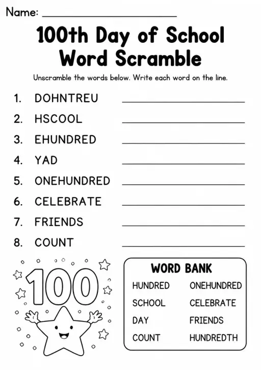 100th Day of School Word Scramble — Grade 1
