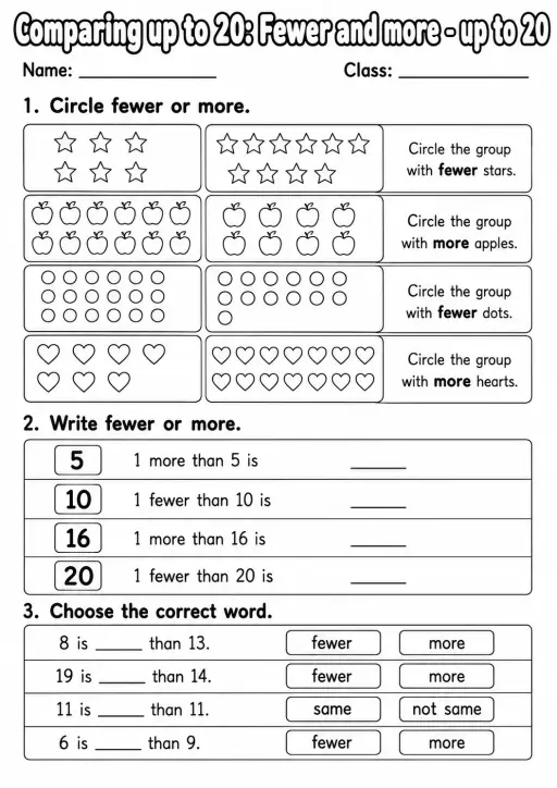 Kindergarten Comparing up to 20 Math Worksheet Pack