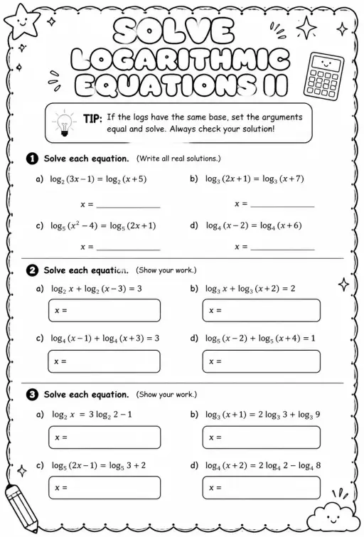 Solve logarithmic equations II