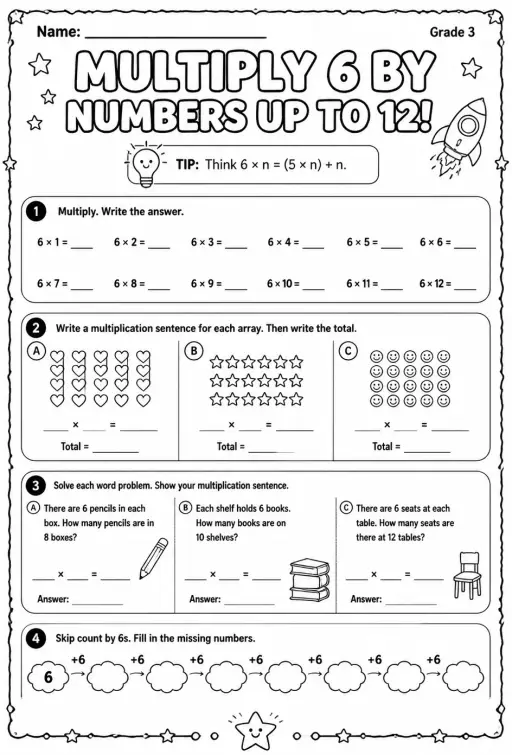 Multiply 6 by numbers up to 12