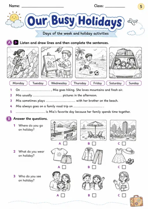 Cambridge MOVERS - Our Busy Holidays | Free Worksheet