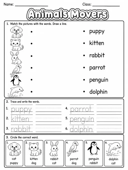 Animals Movers Vocabulary Worksheet Pack