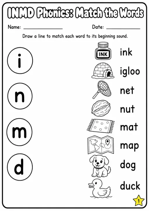 Beginning Sounds Phonics Match the Words - I N M D Worksheet Pack
