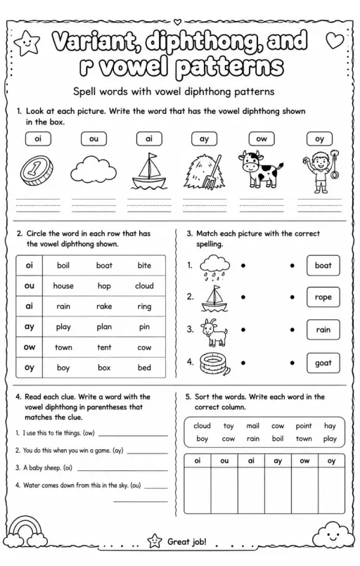 Spell words with vowel diphthong patterns