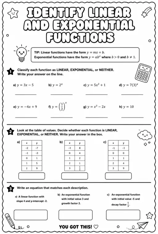 Identify linear and exponential functions