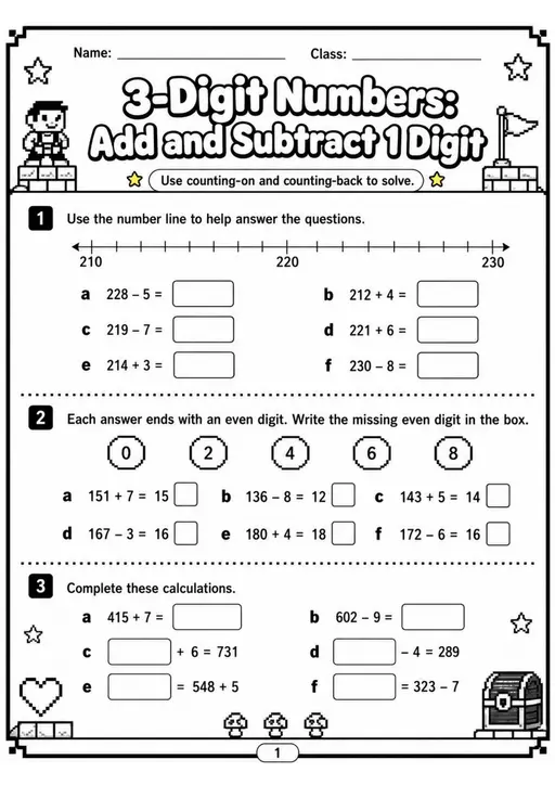 3-Digit Numbers: Add and Subtract 1 Digit - Grade 3 Math Worksheet - grade 3 Calculations and multi-step problem solving