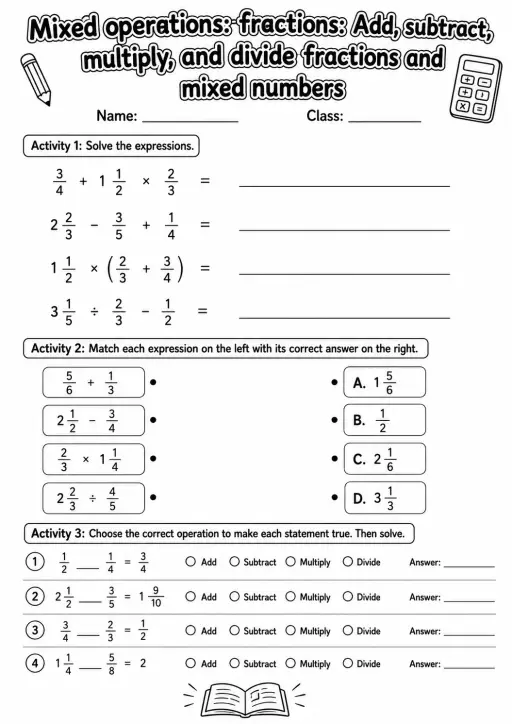 Grade 5 Mixed Operations: Fractions Math Worksheet Pack