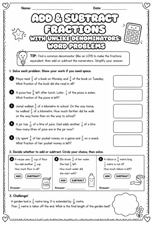 Add and subtract fractions with unlike denominators: word problems