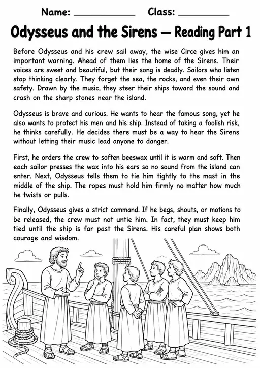 Odysseus and the Sirens Reading Comprehension | Grade 5 | 8 Pages