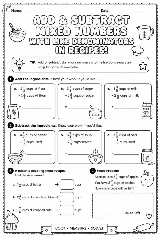 Add and subtract mixed numbers with like denominators in recipes