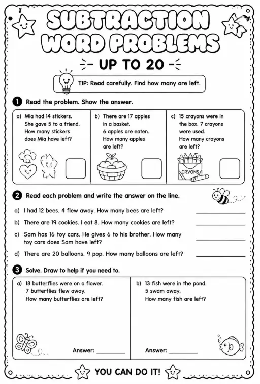 Subtraction word problems - up to 20