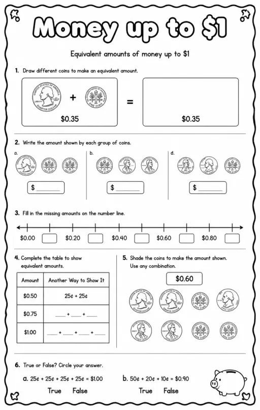 Equivalent amounts of money up to $1