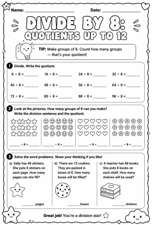 Divide by 8: quotients up to 12