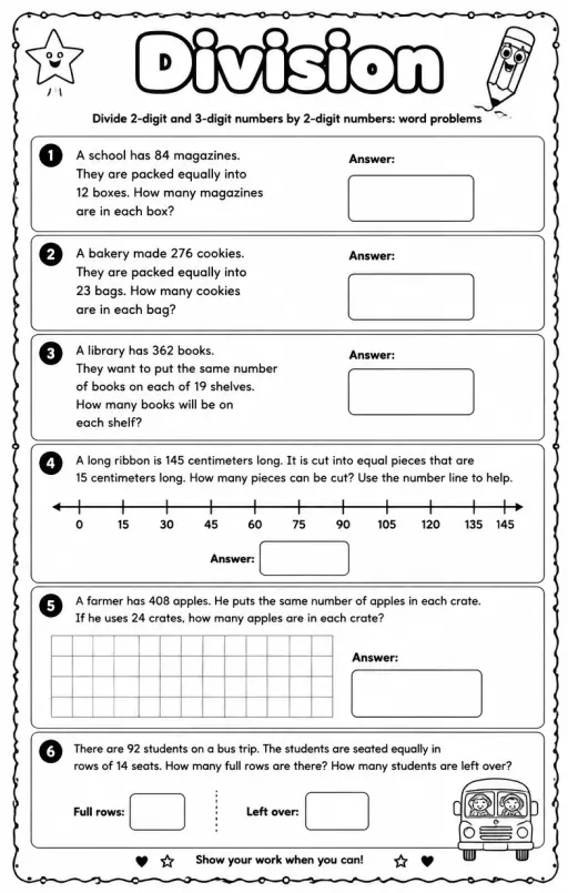 Divide 2-digit and 3-digit numbers by 2-digit numbers: word problems