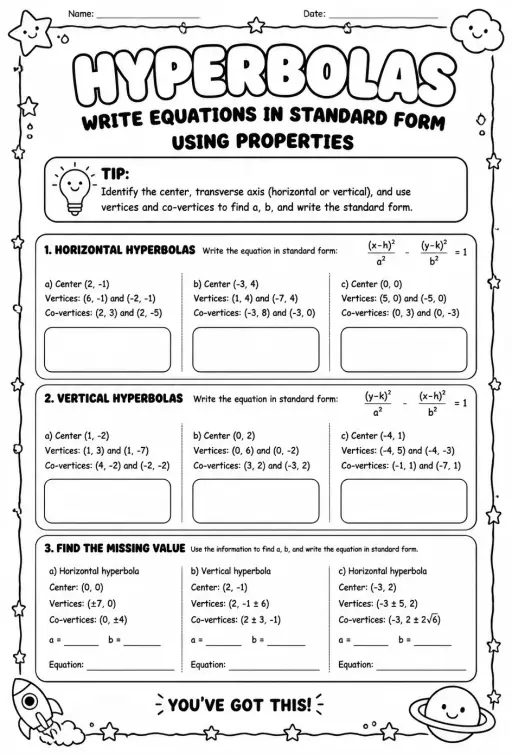 Write equations of hyperbolas in standard form using properties