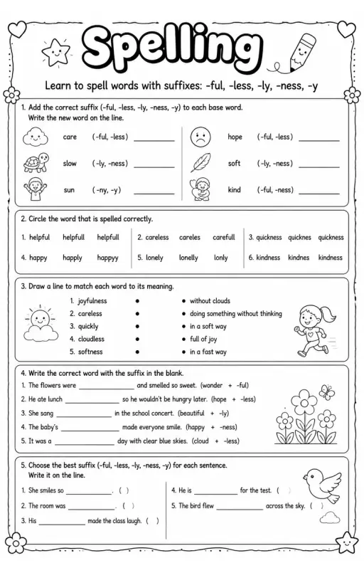 Learn to spell words with suffixes: -ful, -less, -ly, -ness, -y