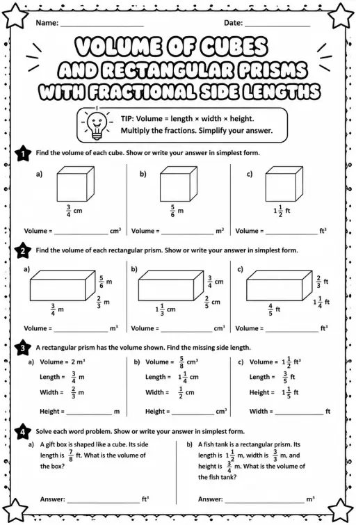 Volume of cubes and rectangular prisms with fractional side lengths