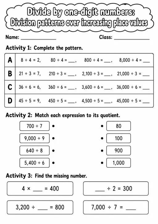 Grade 4 Divide By One-digit Numbers Math Worksheet Pack