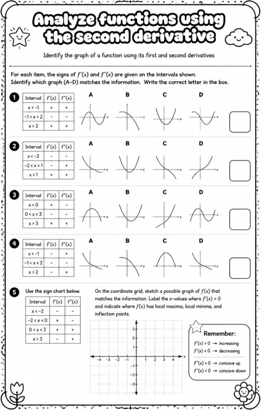 Identify the graph of a function using its first and second derivatives