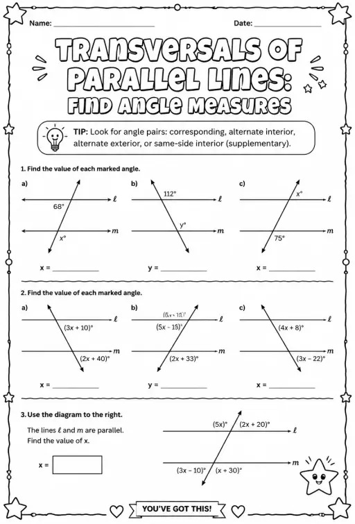Transversals of parallel lines: find angle measures