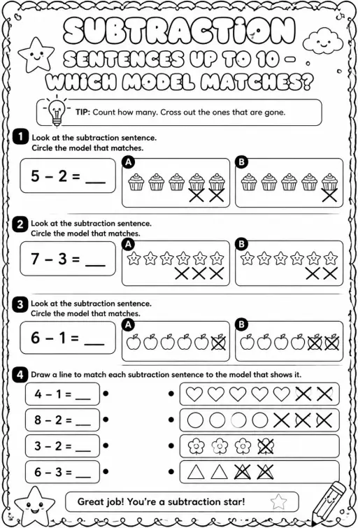 Subtraction sentences up to 10 - which model matches?