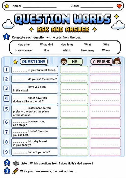 Cambridge Flyers - QUESTION WORDS - Practice 2 | Free Worksheet