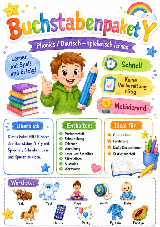 German Letter Y Phonics Worksheets Pack