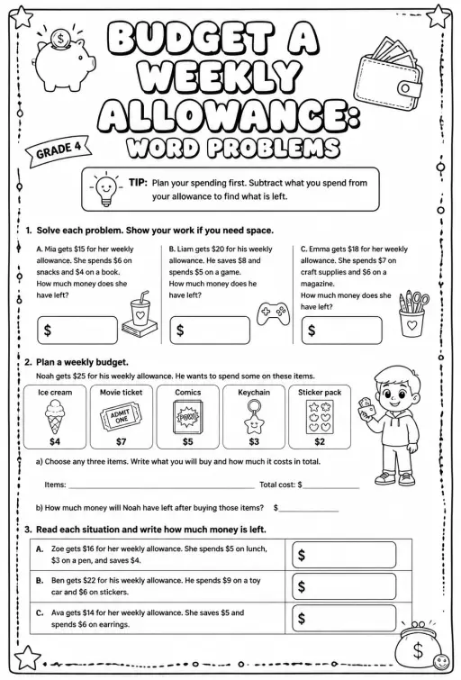 Budget a weekly allowance: word problems