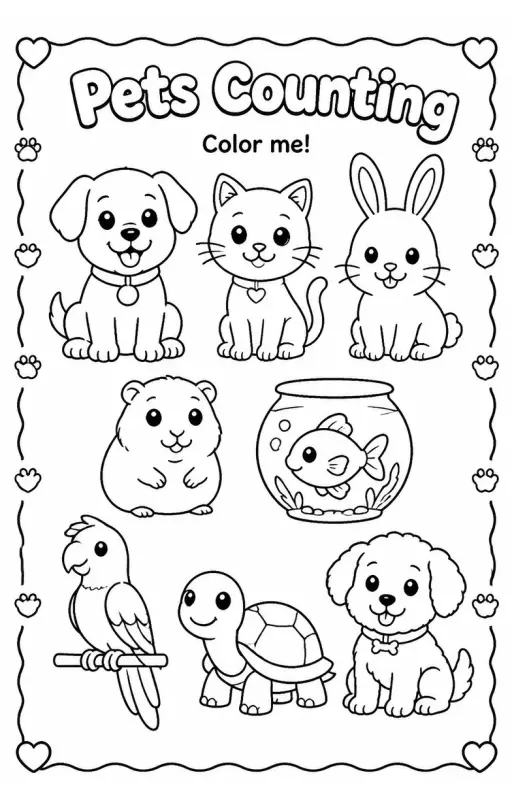 Pets Counting Coloring Page