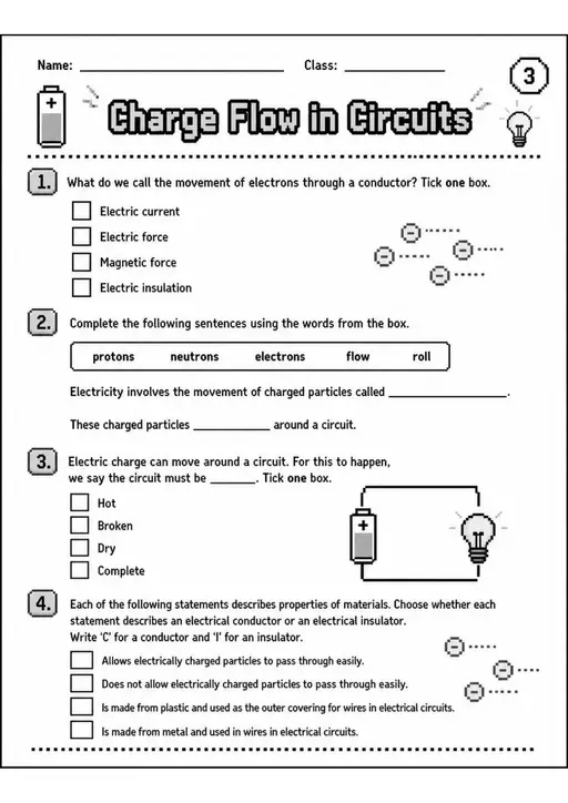 Lower Secondary Grade 6 Electricity and Circuits Worksheets - Pack 1