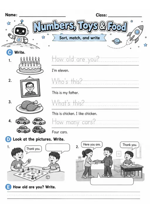 Numbers, Toys & Food 2 | Grade 1 Vocabulary Worksheet