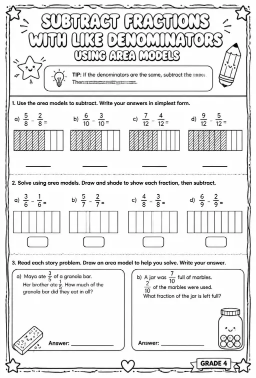 Subtract fractions with like denominators using area models