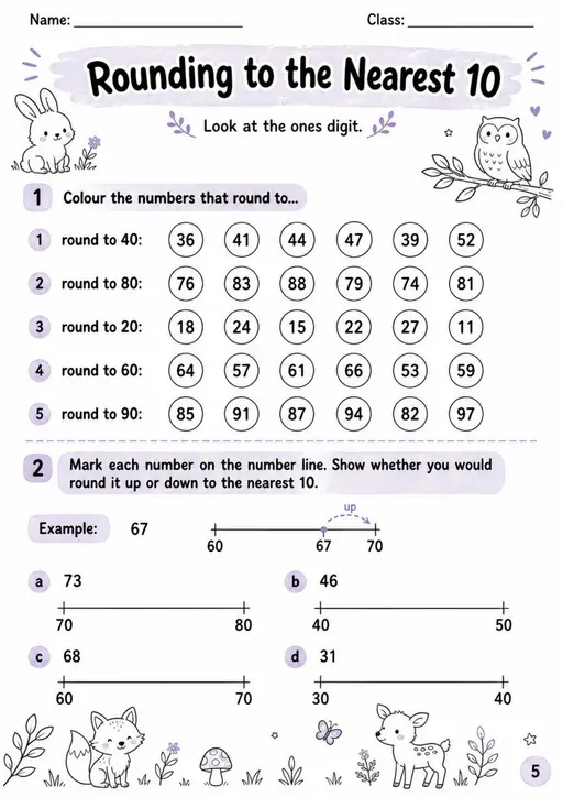 Rounding to the Nearest 10 - Grade 3 Math Worksheet