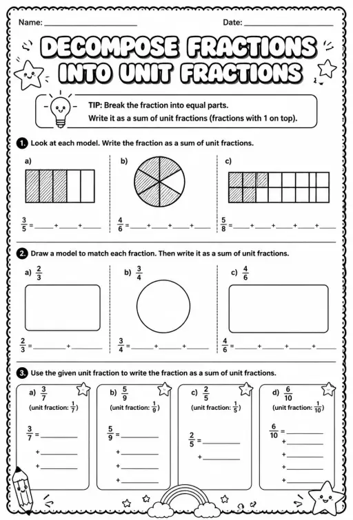 Decompose fractions into unit fractions using models