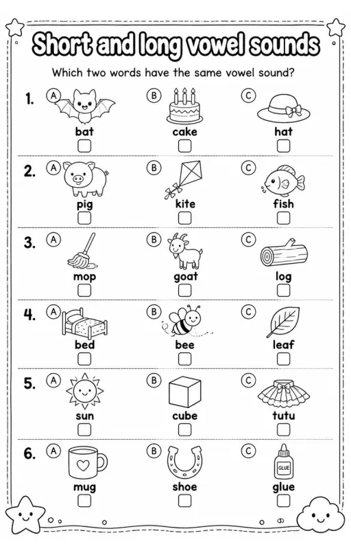 Which two words have the same vowel sound?