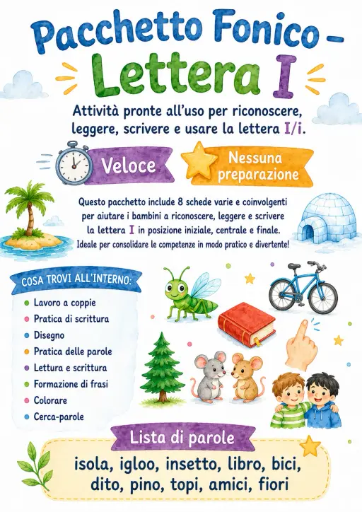 Italian Letter I Phonics Worksheets Pack