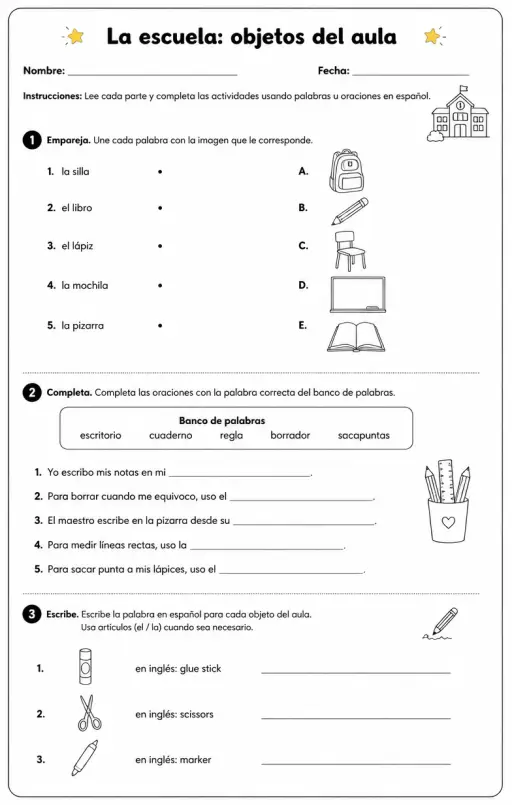 Producir palabras, frases o oraciones en español relacionadas con objetos del aula.